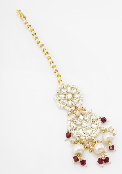 Gold Plated Kundan Studded And Pearl Maang Tikka