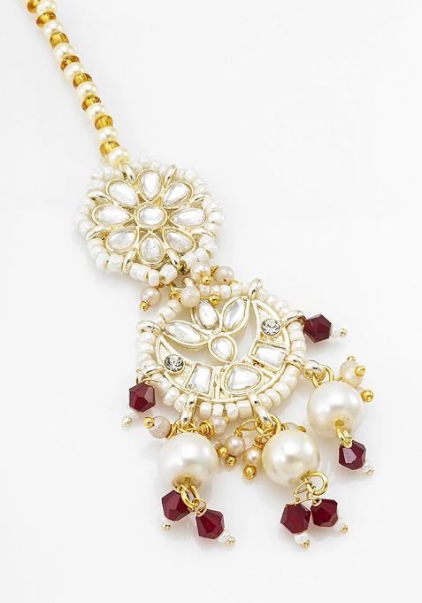 Gold Plated Kundan Studded And Pearl Maang Tikka