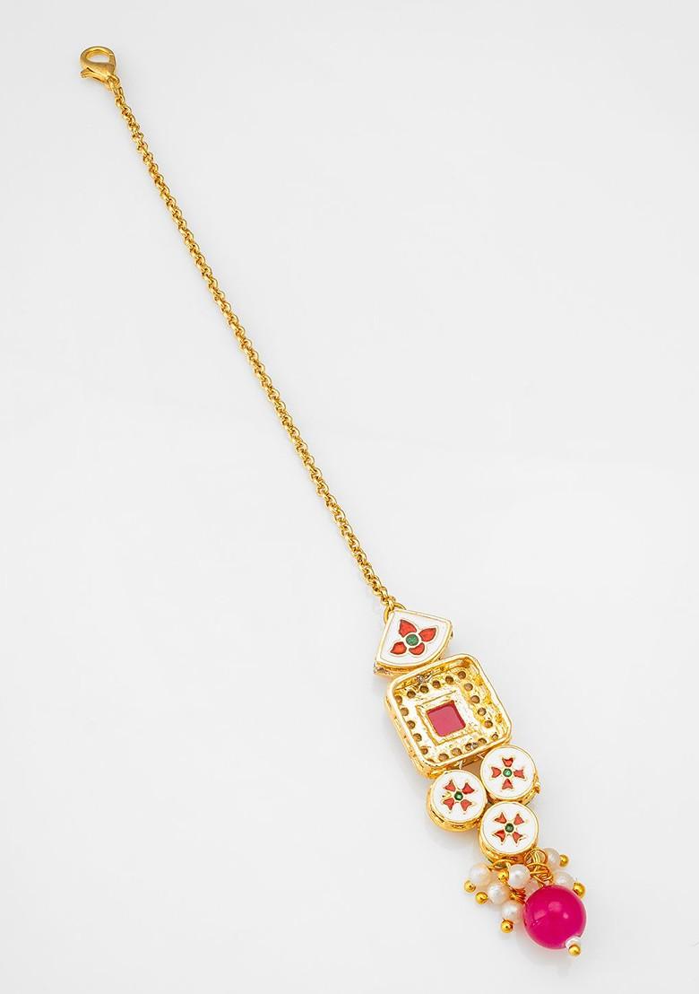 Gold Plated Kundan Studded And Pearl Beaded Maang Tikka Head Jewellery