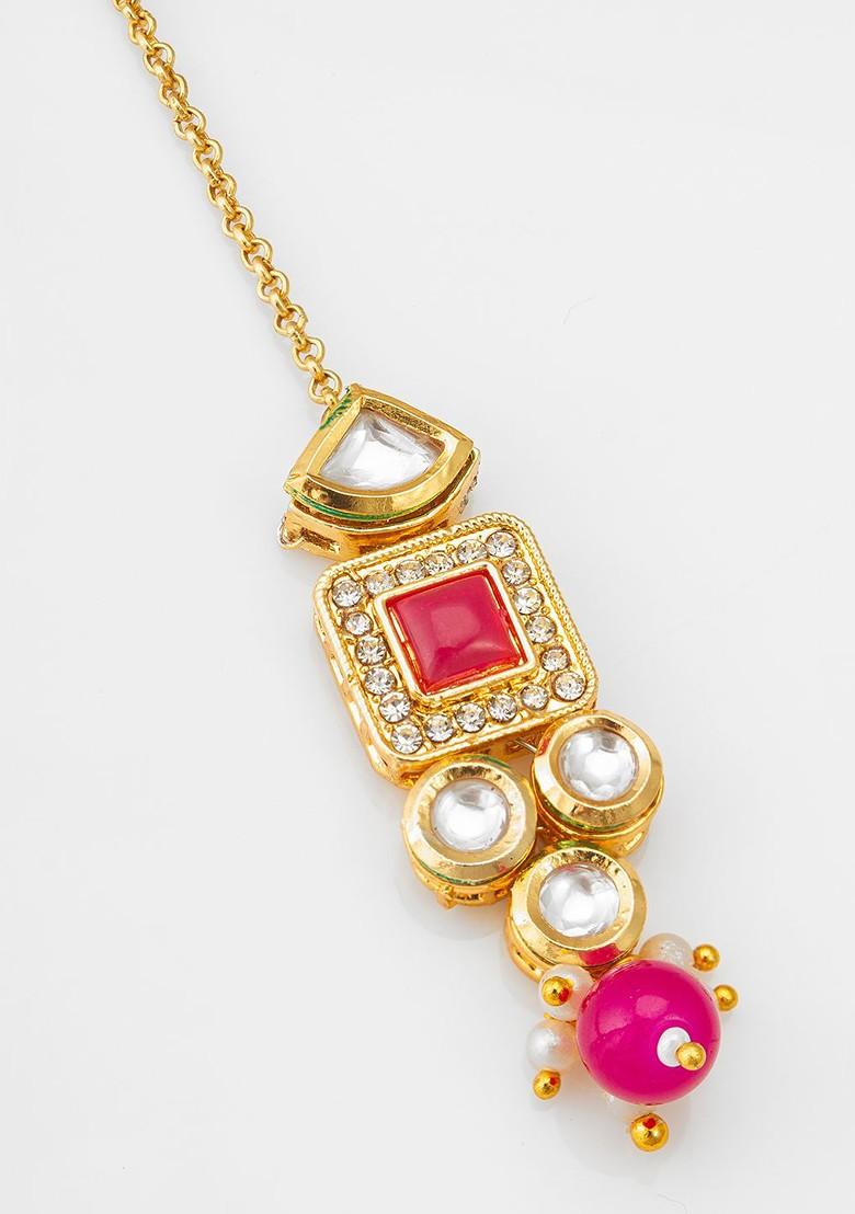 Gold Plated Kundan Studded And Pearl Beaded Maang Tikka Head Jewellery