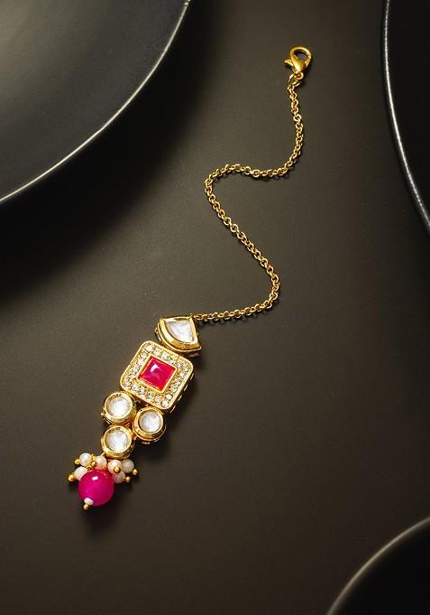 Gold Plated Kundan Studded And Pearl Beaded Maang Tikka Head Jewellery