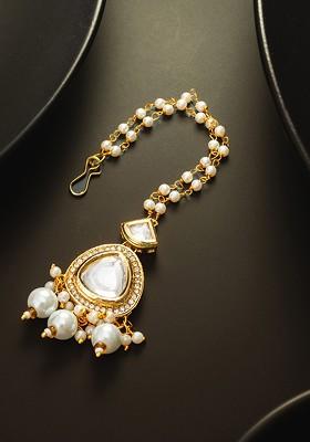 Gold Plated Kundan Studded And Pearl Beaded Maang Tikka Head Jewellery