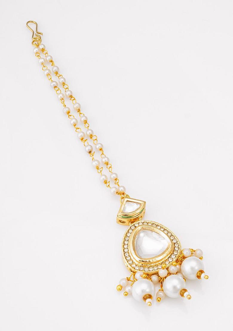 Gold Plated Kundan Studded And Pearl Beaded Maang Tikka Head Jewellery