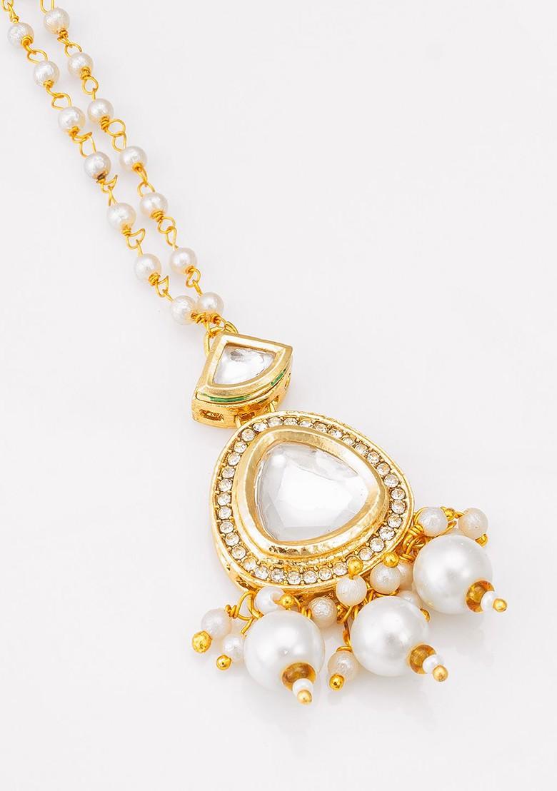 Gold Plated Kundan Studded And Pearl Beaded Maang Tikka Head Jewellery