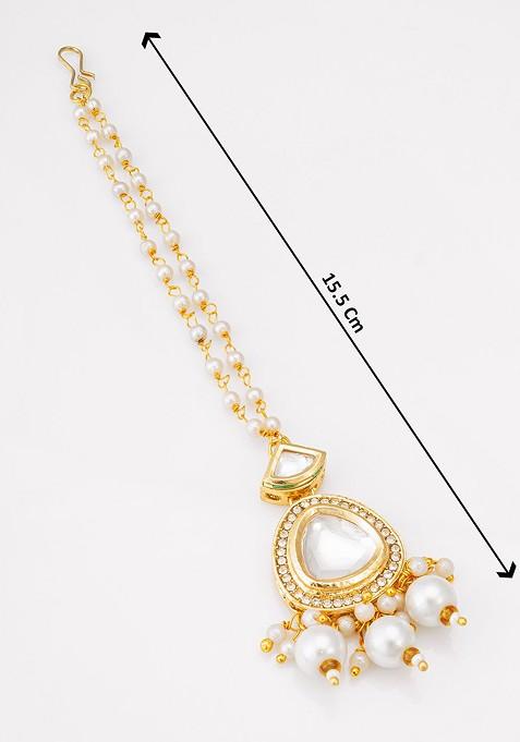 Gold Plated Kundan Studded And Pearl Beaded Maang Tikka Head Jewellery