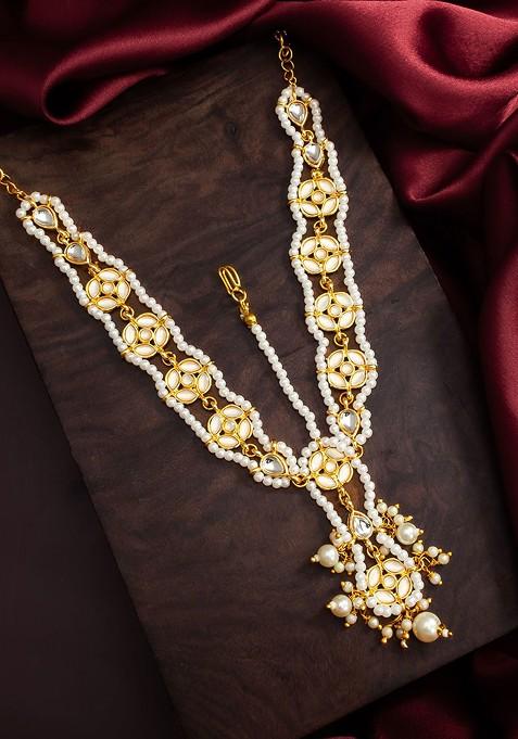 Gold Plated Pearls And Kundan Studded Maang Tikka Head Jewellery