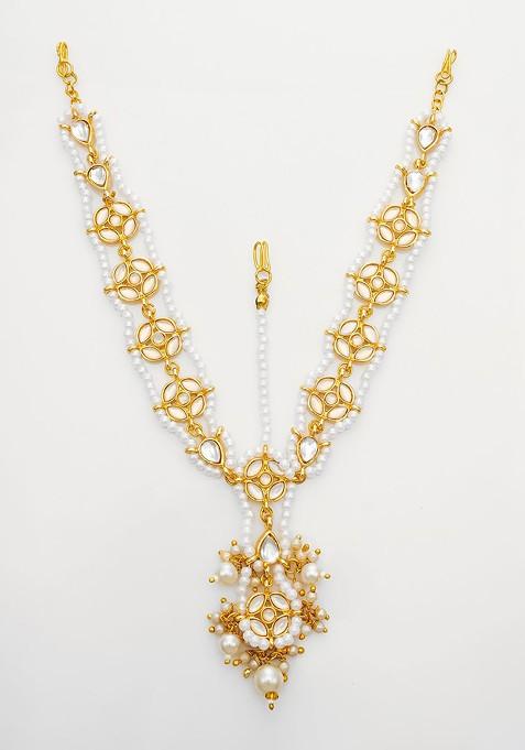 Gold Plated Pearls And Kundan Studded Maang Tikka Head Jewellery