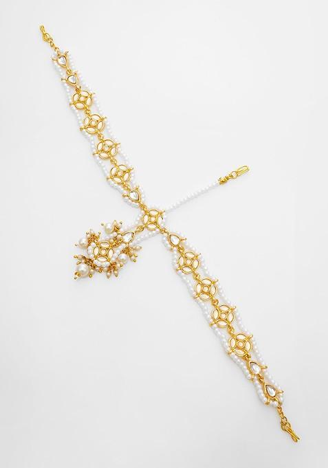 Gold Plated Pearls And Kundan Studded Maang Tikka Head Jewellery