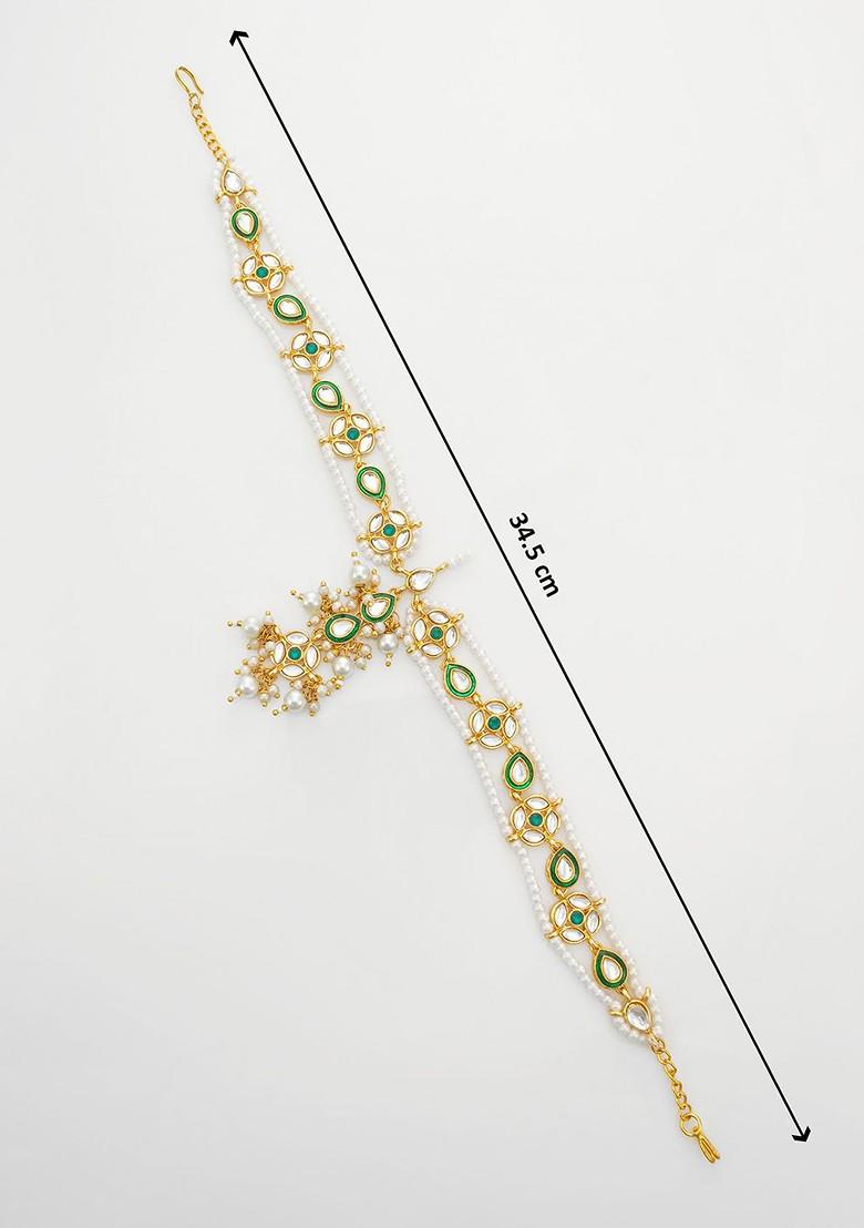 Gold Plated Kundan Stones Studded And Pearls Beaded Maang Tikka