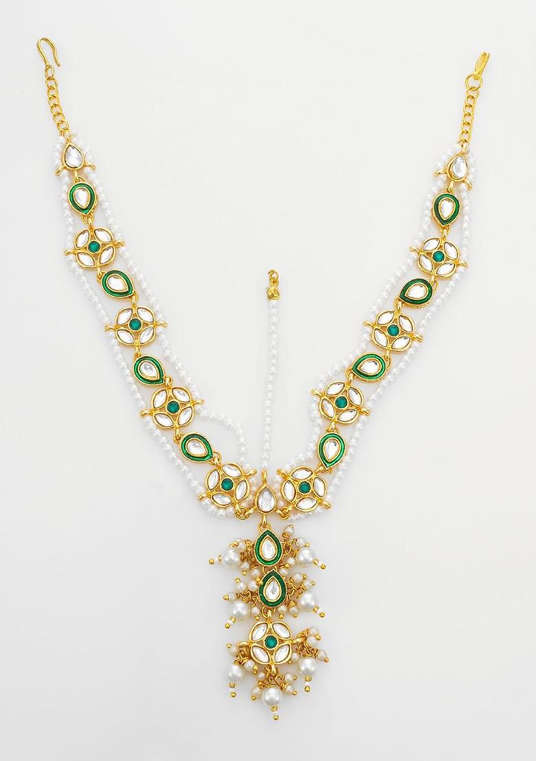Gold Plated Kundan Stones Studded And Pearls Beaded Maang Tikka