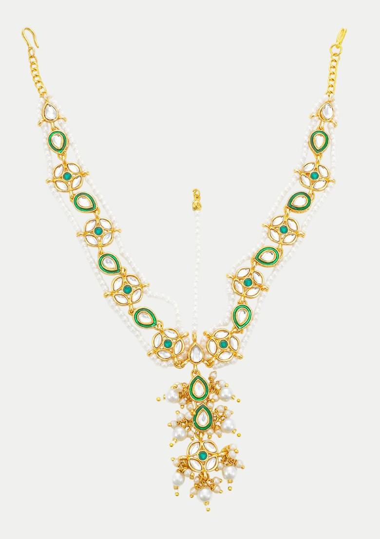 Gold Plated Kundan Stones Studded And Pearls Beaded Maang Tikka