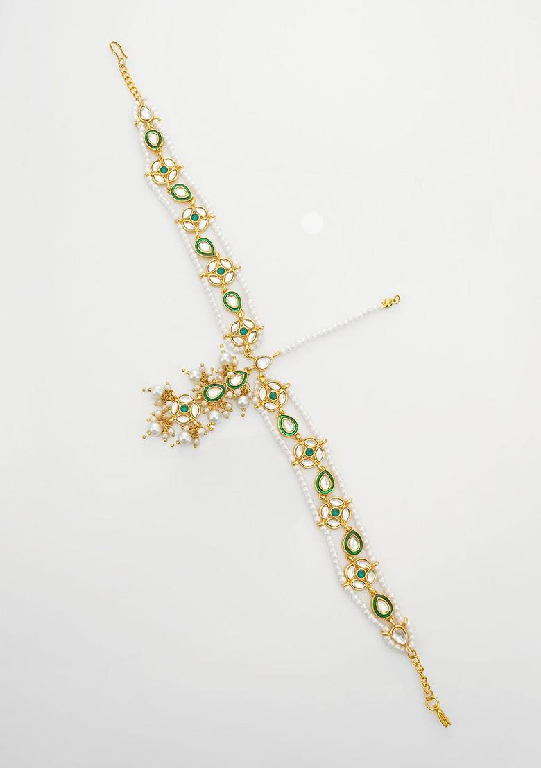 Gold Plated Kundan Stones Studded And Pearls Beaded Maang Tikka