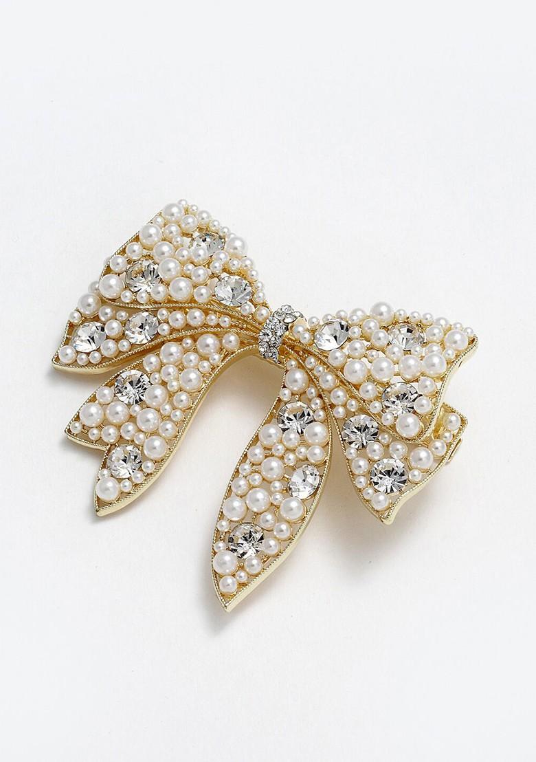 Gold Toned And White Embellished Bow Shaped Alligator Hair Clip