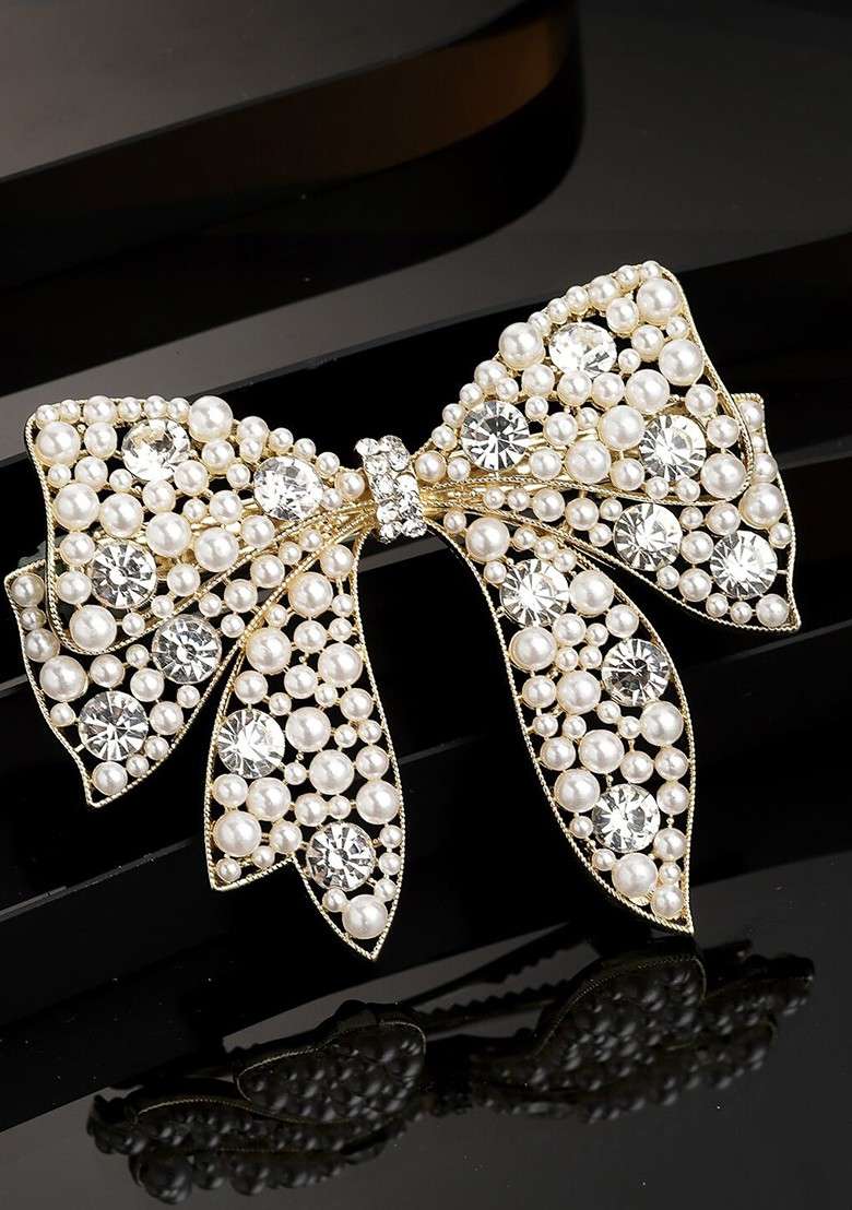 Gold Toned And White Embellished Bow Shaped Alligator Hair Clip - Indya