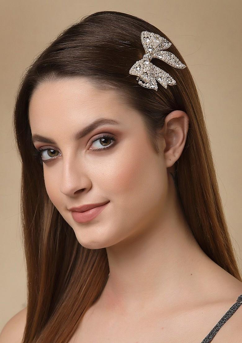Gold Toned And White Embellished Bow Shaped Alligator Hair Clip