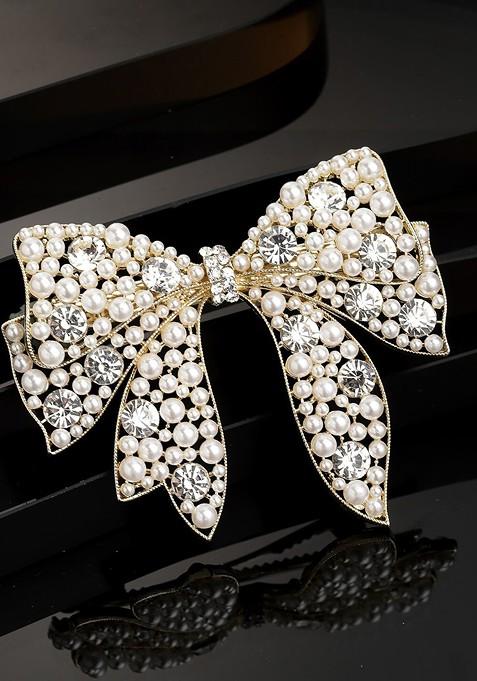 Gold Toned And White Embellished Bow Shaped Alligator Hair Clip