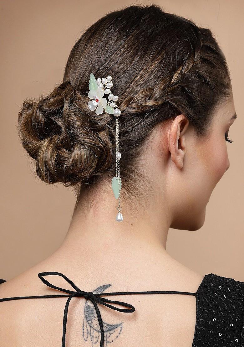 Sea Green Embellished Metal Floral Hairstick