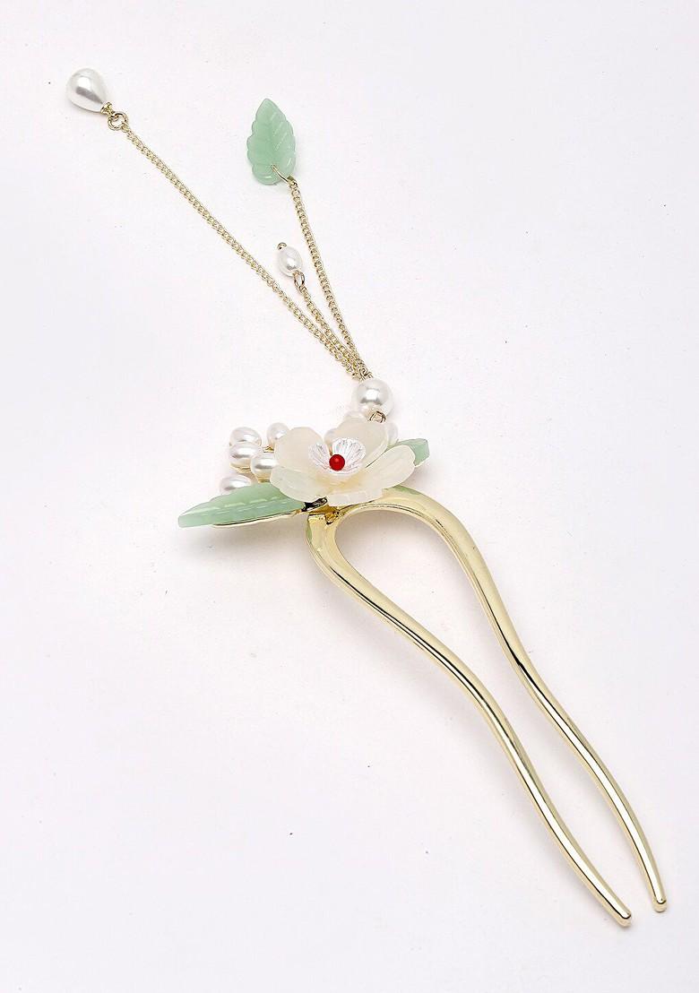 Sea Green Embellished Metal Floral Hairstick