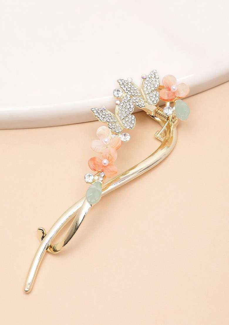 Gold Plated Cz Stone Studded Claw Clip - Indya