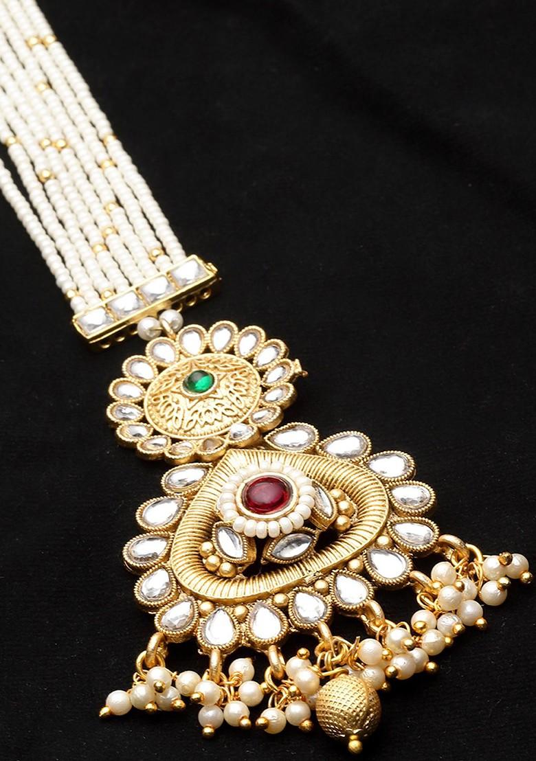 Gold Plated Kundan Handcrafted Pearl Maang Tikka
