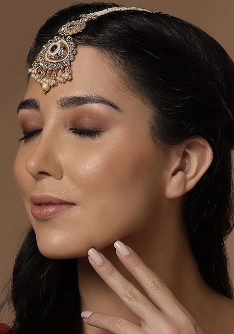 Gold Plated Kundan Handcrafted Pearl Maang Tikka