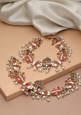 Set Of 2 Gold Plated Stones Studded And Pearls Beaded Anklets