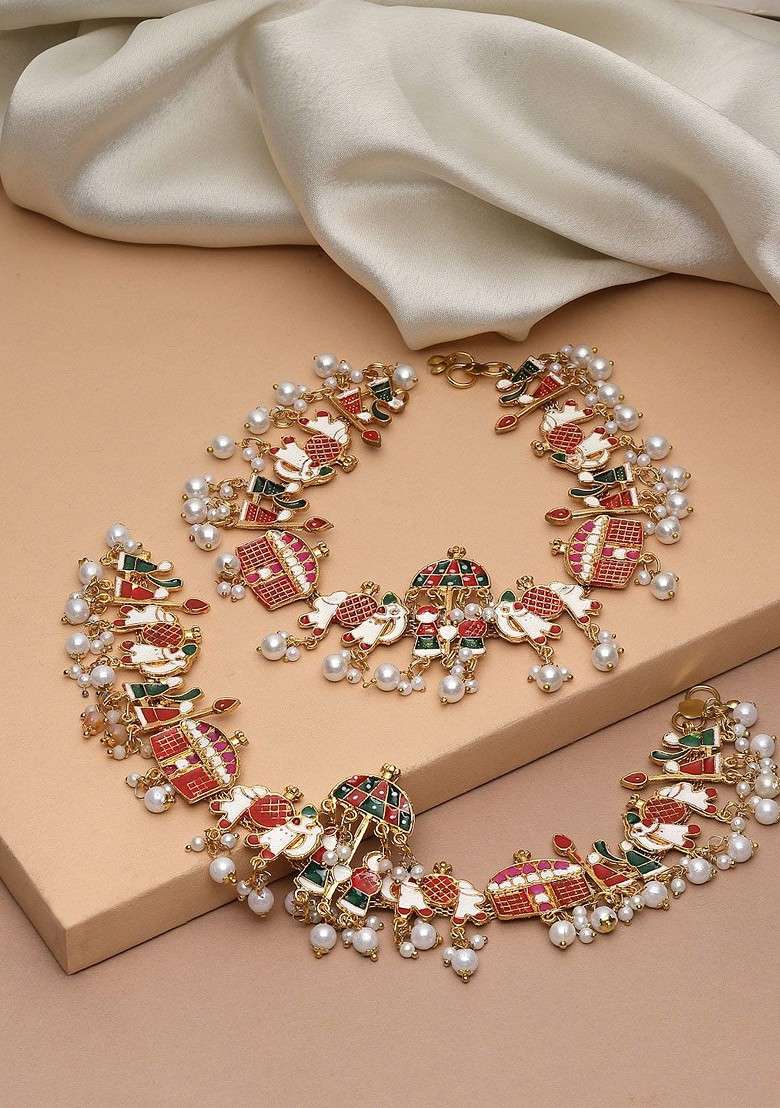 Set Of 2 Gold Plated Stones Studded And Pearls Beaded Anklets - Indya