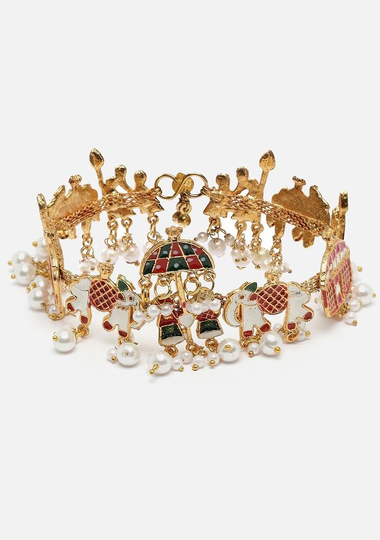 Set Of 2 Gold Plated Stones Studded And Pearls Beaded Anklets