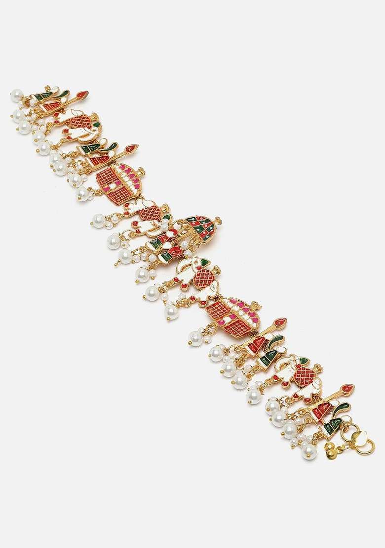 Set Of 2 Gold Plated Stones Studded And Pearls Beaded Anklets - Indya
