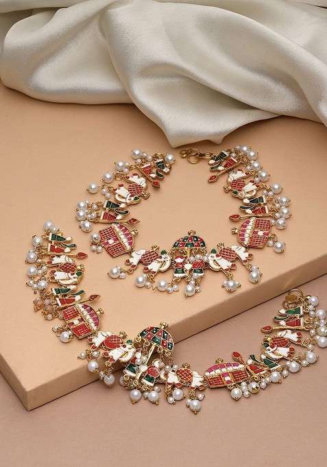 Set Of 2 Gold Plated Stones Studded And Pearls Beaded Anklets
