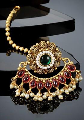 Gold Plated Handcrafted Stone Studded And Pearl Beaded Borla Maang Tikka