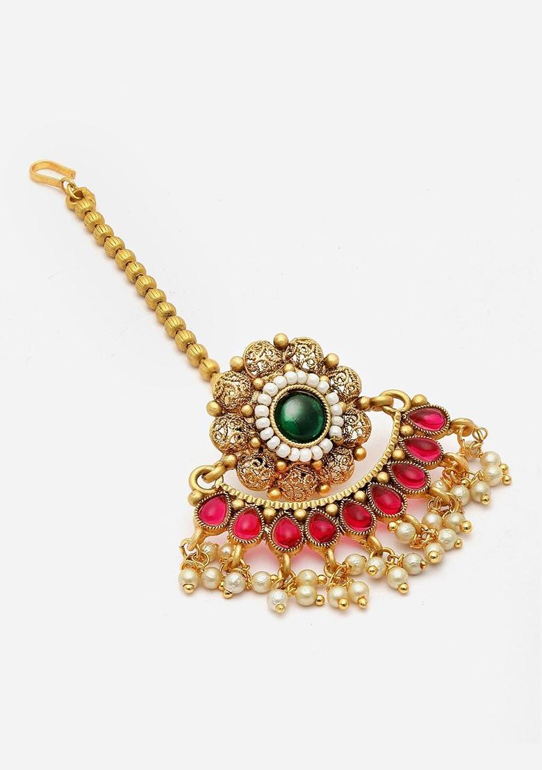 Gold Plated Handcrafted Stone Studded And Pearl Beaded Borla Maang Tikka