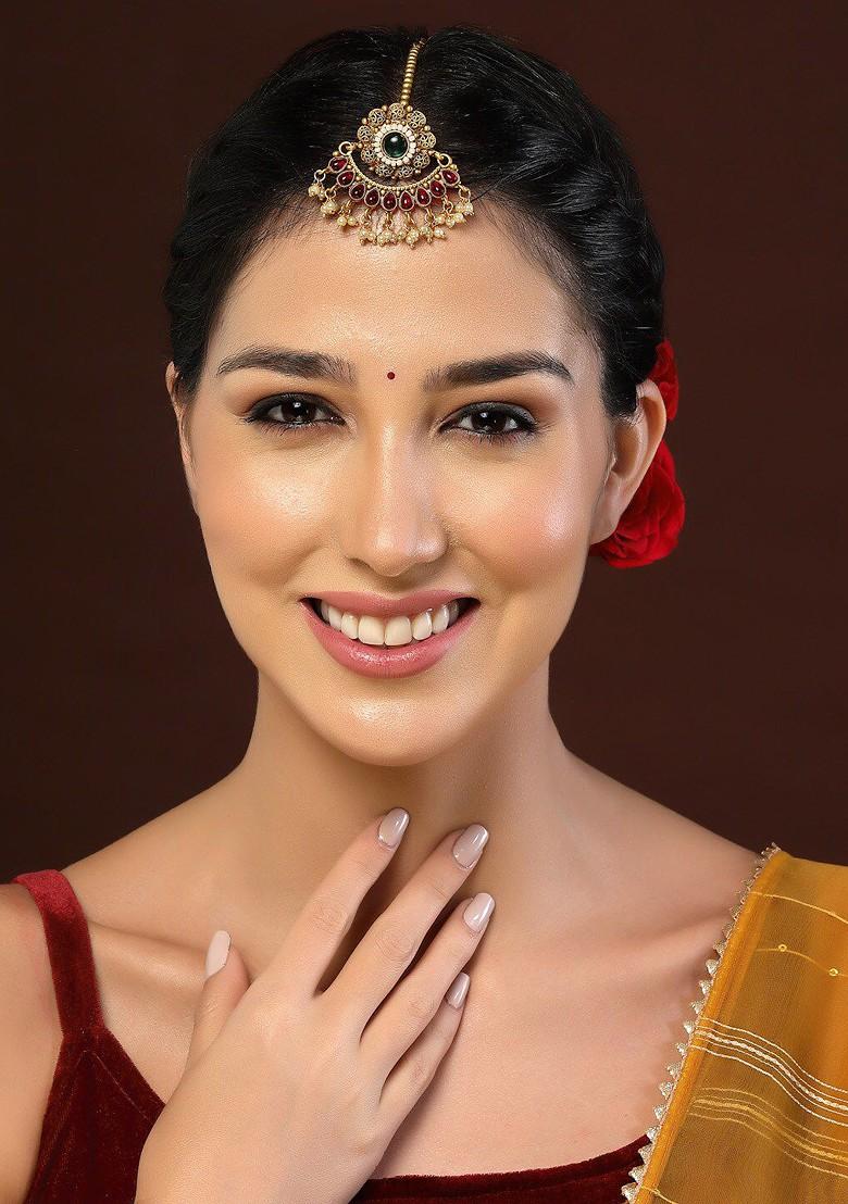 Gold Plated Handcrafted Stone Studded And Pearl Beaded Borla Maang Tikka