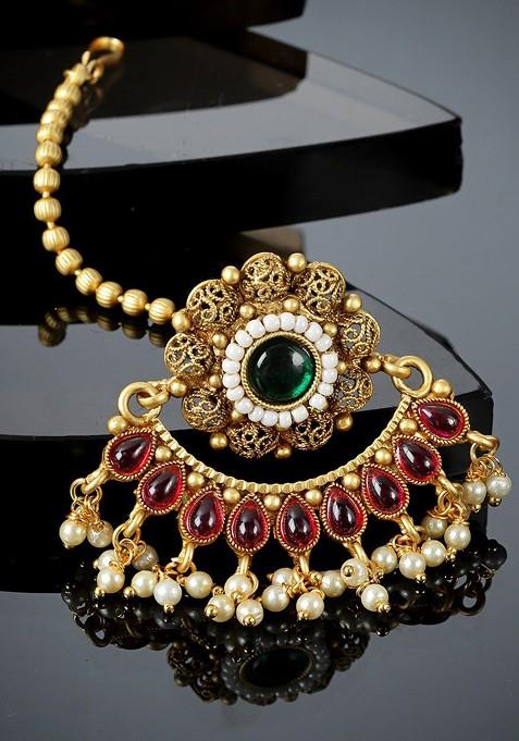 Gold Plated Handcrafted Stone Studded And Pearl Beaded Borla Maang Tikka