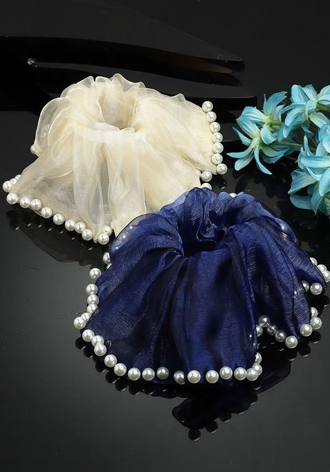 Blue Set Of 2 Embellished Ponytail Holders