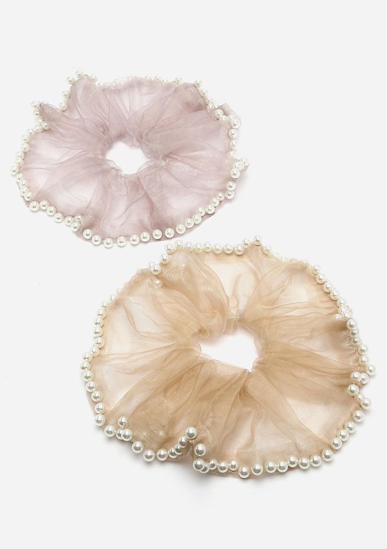 Cream Set Of 2 Embellished Ponytail Holders