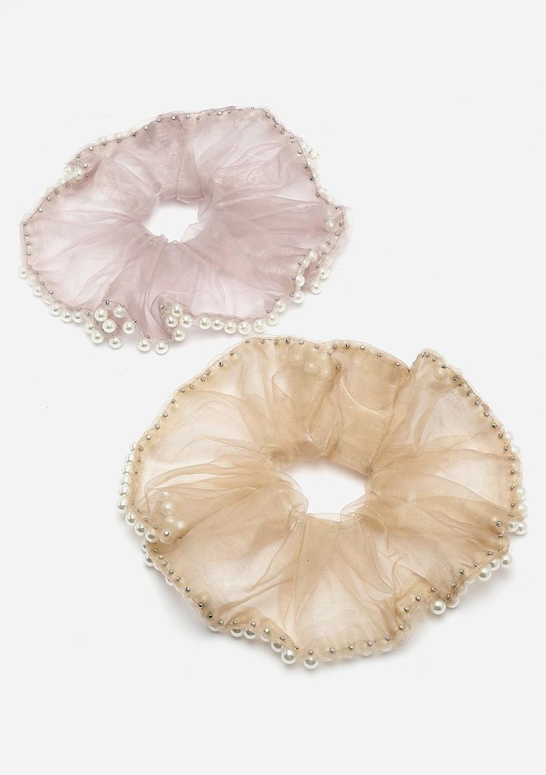 Cream Set Of 2 Embellished Ponytail Holders