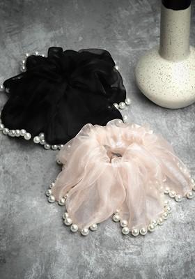 Black Set Of 2 Embellished Scrunchie Ponytail Holders