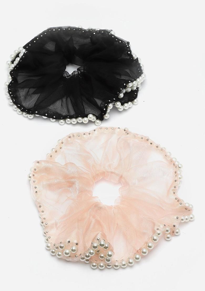 Black Set Of 2 Embellished Scrunchie Ponytail Holders