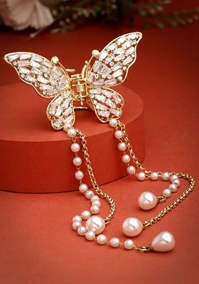 Pearls And Stone Studded Butterfly Shaped Embellished Claw Clip