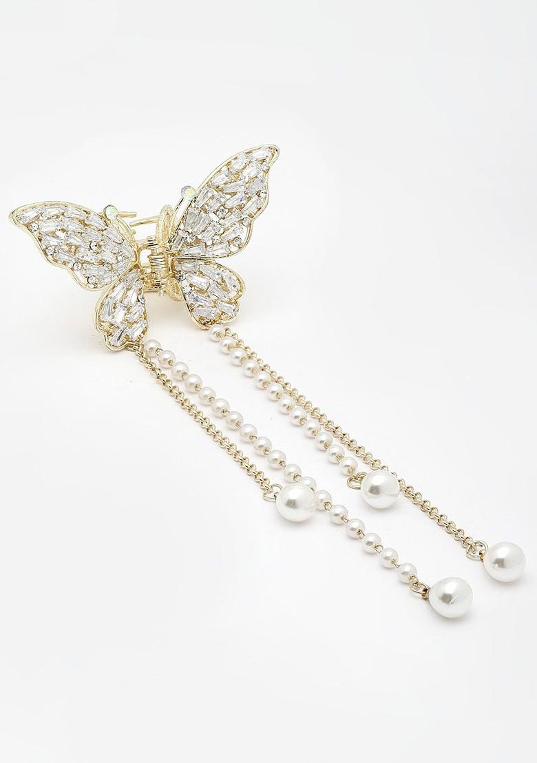 Pearls And Stone Studded Butterfly Shaped Embellished Claw Clip