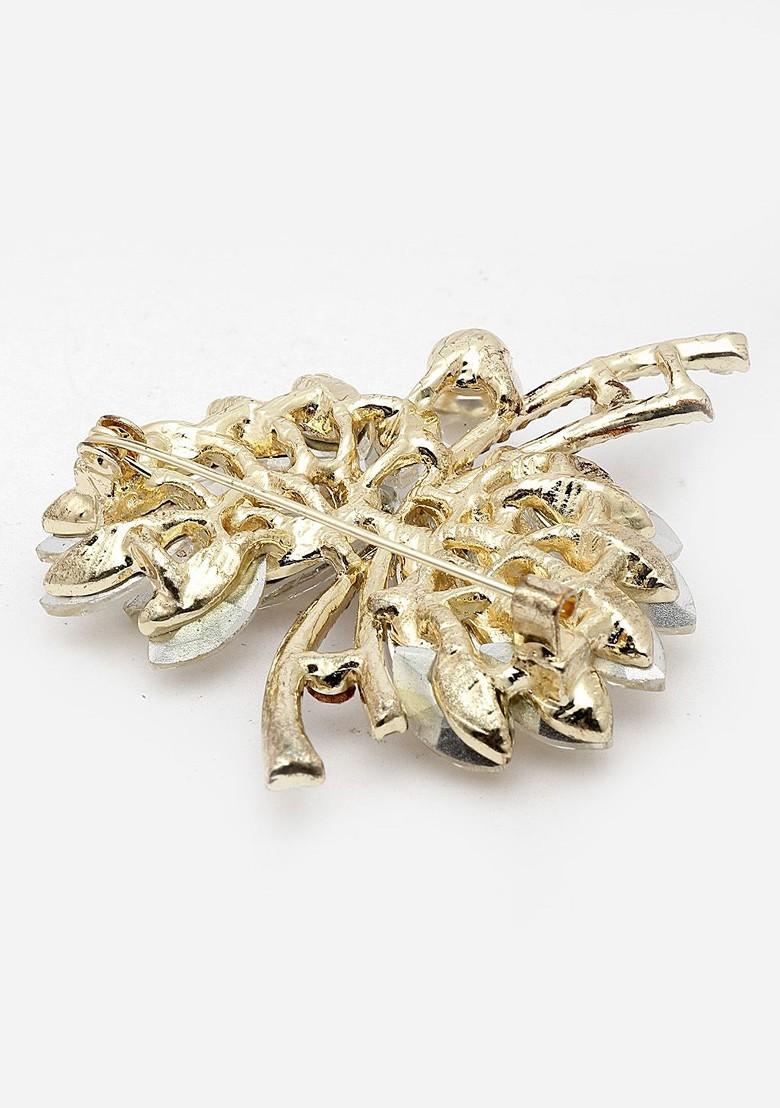 Gold Plated Stone Studded And Pearls Beaded Saree Brooch