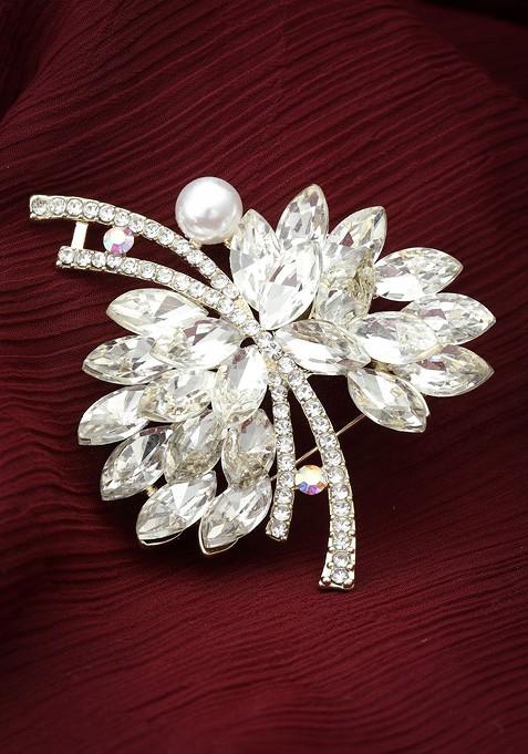 Gold Plated Stone Studded And Pearls Beaded Saree Brooch