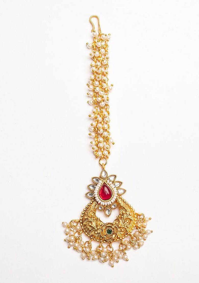 Gold Plated Kundan Studded And Pearls Beaded Maang Tikka