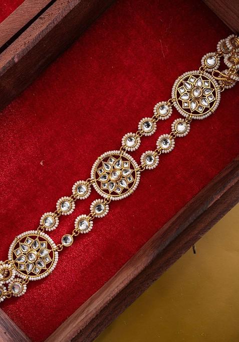 Gold Plated Kundan Studded And Pearls Beaded Matha Patti