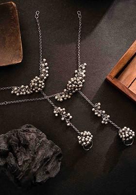 Silver Silver Plated Beaded Ghungroo Toe Ring Oxidized Anklets