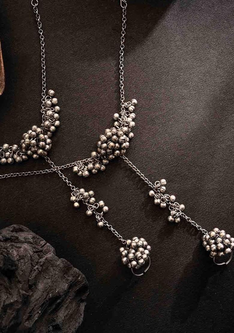 Silver Silver Plated Beaded Ghungroo Toe Ring Oxidized Anklets