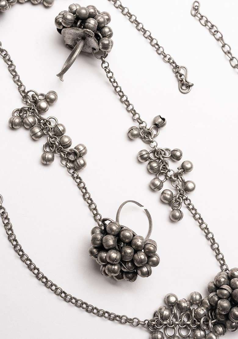 Silver Silver Plated Beaded Ghungroo Toe Ring Oxidized Anklets - Indya