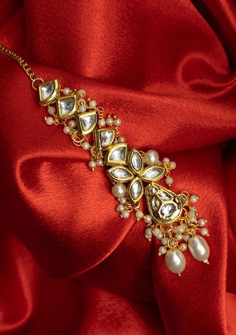Gold Plated Kundan Studded And Pearls Beaded Maang Tikka