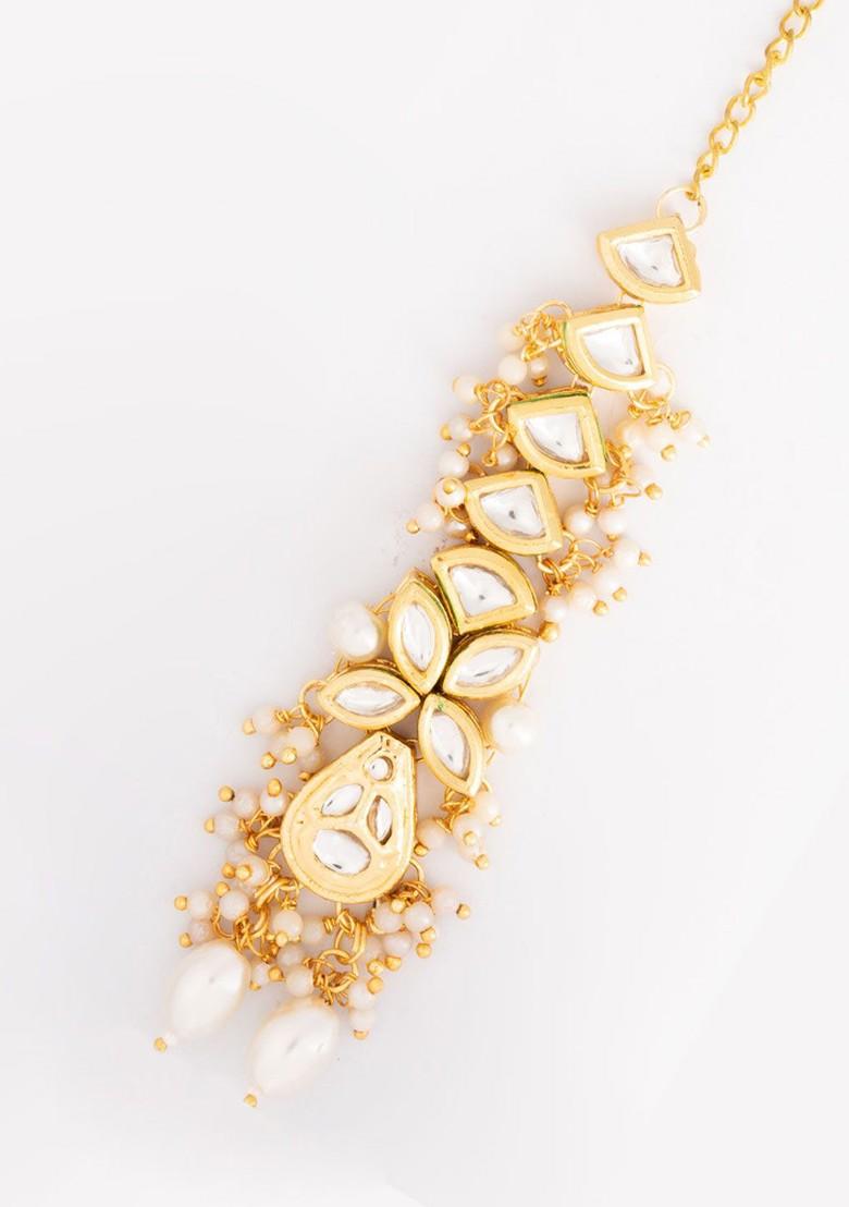 Gold Plated Kundan Studded And Pearls Beaded Maang Tikka